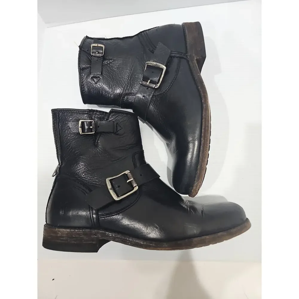 Frye Boots Sz 8 Black Leather Phillip Harness Short Biker Moto Motorcycle